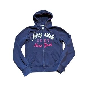 Y2K Aeropostale Zip Up Hoodie Puffy Varsity Letter 1987 Medium Navy Pink
